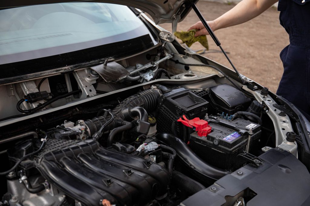 Compartiment moteur ouvert d’une voiture, cible fréquente des morsures de fouine